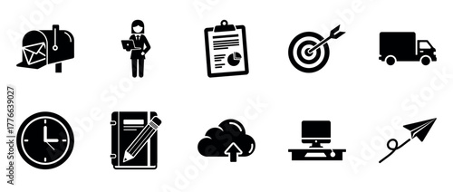 Black and white work icons: email, businesswoman, clipboard, target, delivery truck, clock, notebook, cloud, desk, paper plane