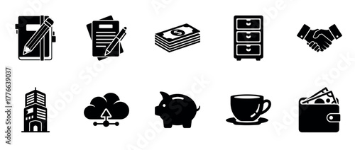 Business icon set: office, finance, cloud, savings, and more
