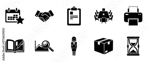 Set of business and office icons: calendar, handshake, clipboard, table, printer, presentation, analytics, female, package, hourglass
