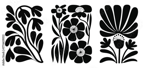 Three Black Silhouette Floral Designs On White Background vector illustration
