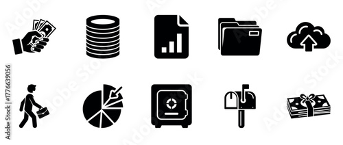 Finance and data management icons: money, security, cloud, charts
