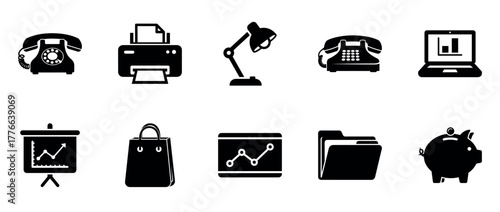 Set of black office icons: phone, printer, lamp, laptop, folder, piggy bank