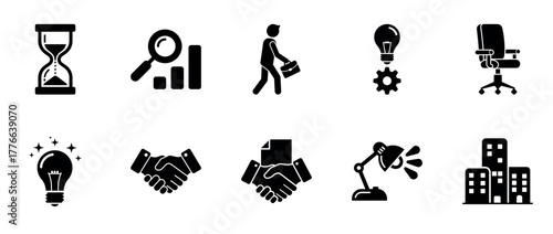 Business icon set: time, analysis, ideas, and collaboration symbols