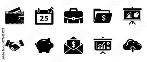 Finance and office icon set featuring wallet, calendar, briefcase, and graphs