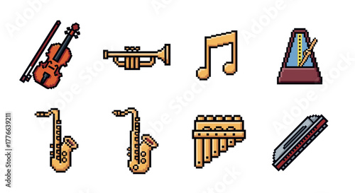 Pixel art musical instruments violin, trumpet, saxophone, harmonica, note, metronome, and panpipes