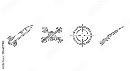 Sketch style icons rocket, drone, target, and rifle for technology and defense concepts