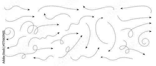 Curved dotted line arrow set. Rise and fall change plan. Whimsical hand-drawn direction lines set with swirls and loops for navigation, infographic design. 