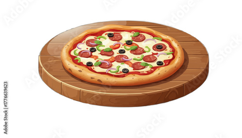 Delicious pepperoni pizza with olives and peppers on a rustic wooden board, perfect for restaurant menus, food blogs, and mouthwatering culinary creations