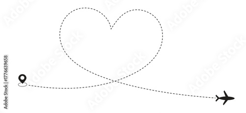 Airplane flying heart route. Romantic travel, heart dashed line trace and plane routes. Airplane flying with heart shaped trail plane symbol with dotted line route. Love travel concept. 