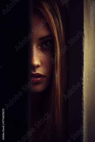 Wallpaper Mural Mysterious Young Woman Peering Through Narrow Gap in Shadowy Light Torontodigital.ca