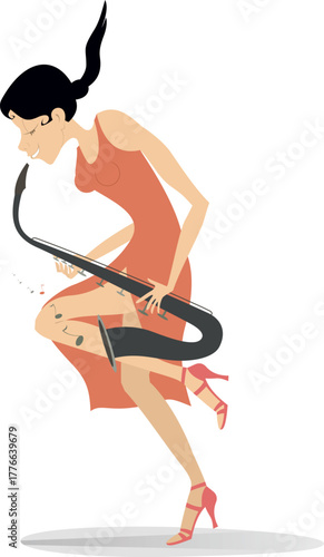 Musician plays saxophone. Female saxophonist plays music with the great inspiration