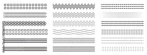 Simple geometric line set. Set of borders minimal decorative dividers and border patterns with dashed zigzag wavy, rectangle and diamond shapes for border and page decoration linear.   