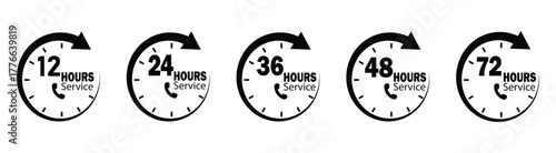 Hour timer icon set. Set of 12, 24, 36,48 and 72 hour clocks with arrows. Security protection, work time, delivery and service time. 