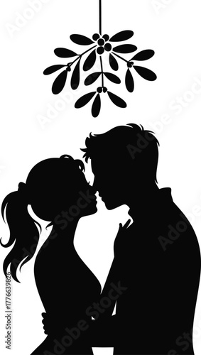 Couple kissing under mistletoe silhouette romance love