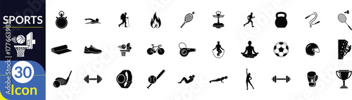 Sports and Athletic silhouette icon set. Including Stopwatch, Running Person, Tennis Racket, Dumbbell, Kettlebell, Soccer Ball, Boxing Glove, Golf Club, Bicycle. Vector silhouette illustration.