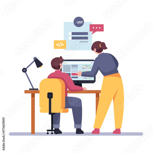 Flat design illustration of web developers collaborating on a project