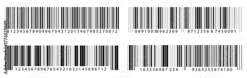 Simple fake bar code icon set. Universal product code for scanning price, sale, purchase, and identification. Barcode vector.