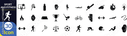 Sport and Fitness silhouette icon set. Including Running Person, Dumbbell, Stopwatch, Tennis Racket, Bicycle, Soccer Ball, Medal, Smartwatch, Golf Club, Baseball Bat. Vector silhouette illustration.