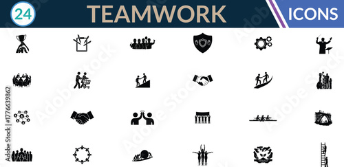Teamwork and Collaboration silhouette icon set. Including Trophy, Handshake, Shield, Gear, People Chain, Growth Arrow, Team Circle, Group Discussion, Bridge. Vector silhouette illustration.