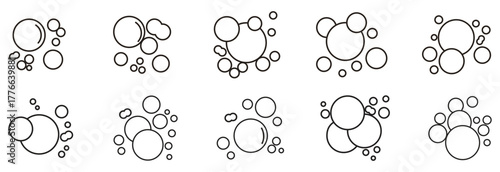 Bubbles line icons set. Soap foam, fizzy drink, oxygen bubble, effervescent effect, bath suds. Black outline design. Abstract illustration.