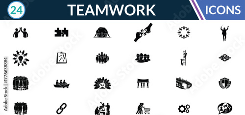 Teamwork silhouette icon set. Including People Group, Puzzle Pieces, Handshake, Lightbulb Idea, Clipboard, Gear, Network, Link, Tug of War, Team Huddle. Vector silhouette illustration.