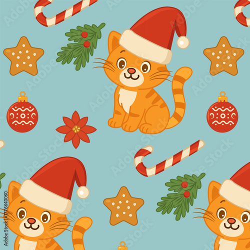  Christmas pattern with a ginger kitten and holiday attributes
