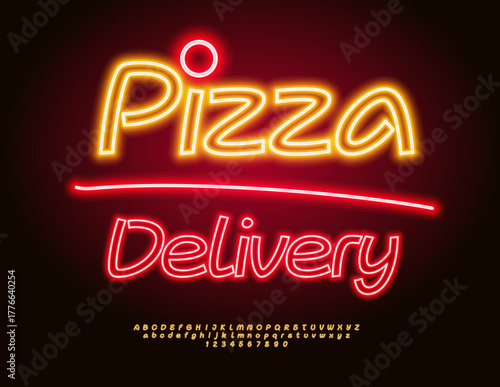 Vector Creative Advertisement Pizza Delivery. Yellow Neon Font. Led Illuminated Alphabet Letters and Number set