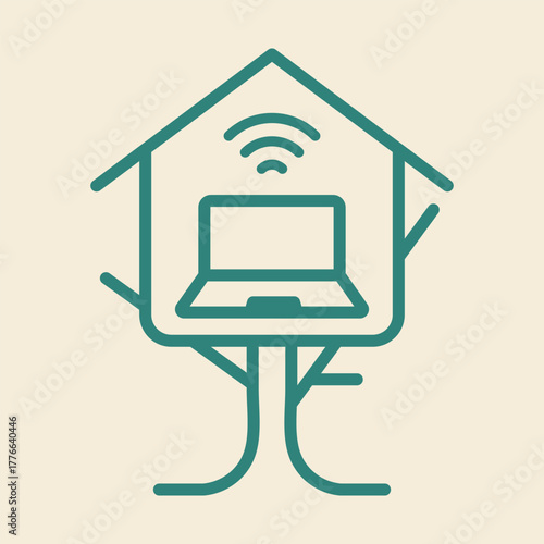 Minimal Digital Nomad Treehouse Vector Icon with Laptop and WiFi Symbol.eps