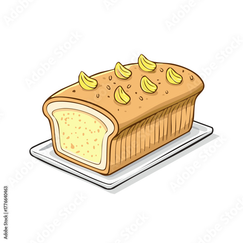 Cartoon banana bread loaf on a white plate, bakery confection with yellow fruit garnish