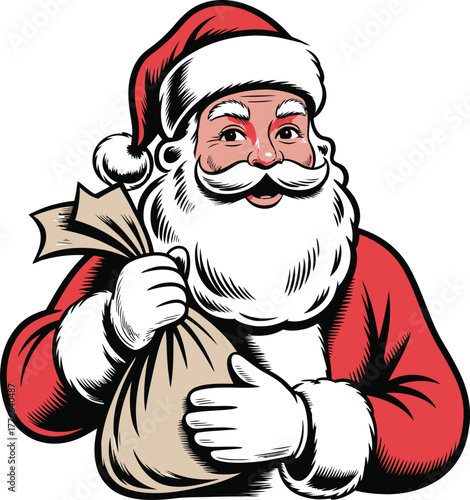 Jolly Santa Claus holding gift sack Christmas holiday