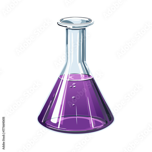 Glass laboratory flask containing vibrant purple liquid with rising bubbles and reflections