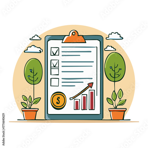 Business checklist with growth chart, coin and potted trees illustration