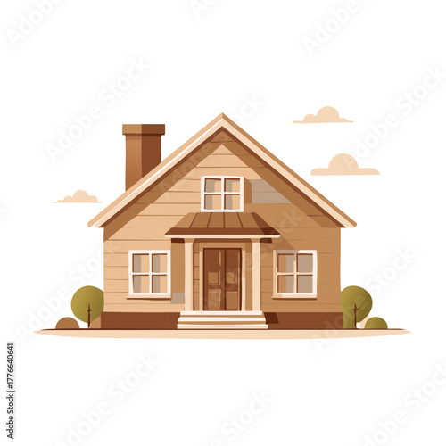 Stylized suburban family home illustration with warm brown tones and minimalist design