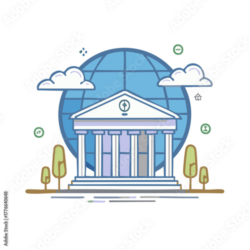 Illustration of Classical Building with Globe and Clouds Symbolizing Global Institution