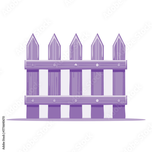 Cartoon picket fence illustration with wooden posts, horizontal planks in lavender shades