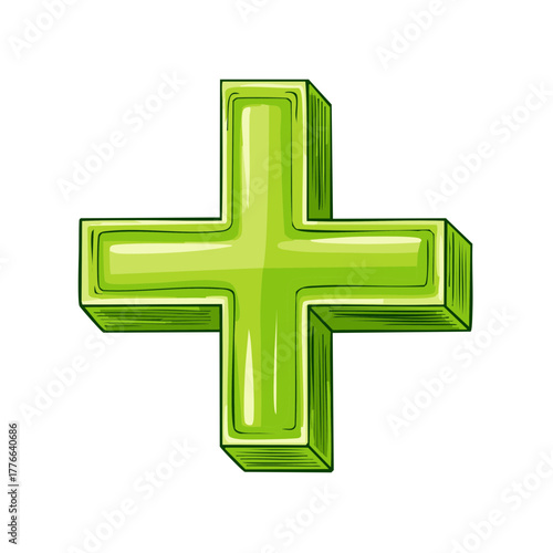 A vibrant green three dimensional plus sign symbolizing addition growth and positive outcomes