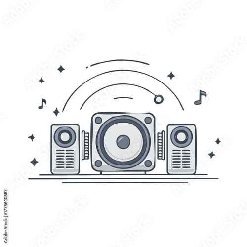 Cartoon illustration of a powerful audio system with subwoofer and speakers playing loud music with sound waves