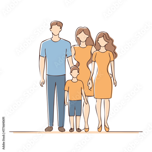 Cartoon style family portrait of a man woman boy and girl in matching casual clothing