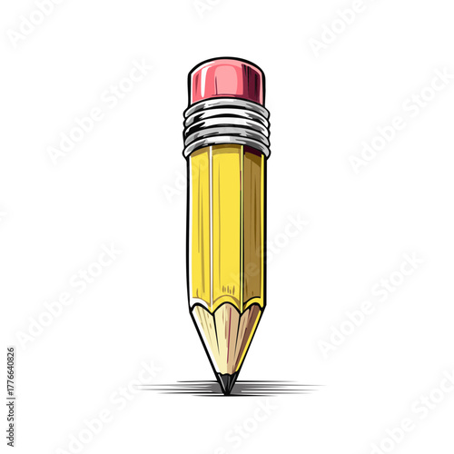 Sharp yellow pencil with pink eraser and graphite tip casting a shadow