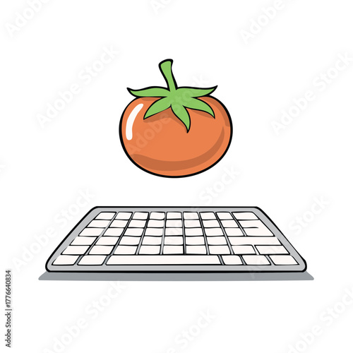 Playful red tomato floating above a sleek white computer keyboard conceptual digital illustration