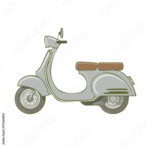 Stylized Gray Scooter Illustration Featuring Vintage Design, Brown Seat, and Rounded Body Elements
