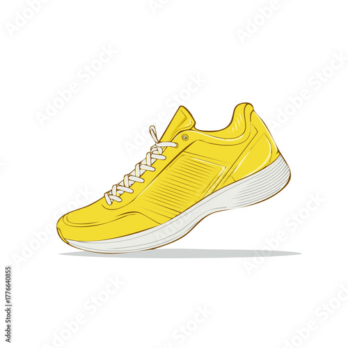 Bright yellow athletic shoe with white laces and sole, depicted in a clean, minimalist style.