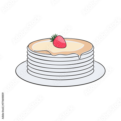 Cartoon stack of pancakes with syrup and a single strawberry on top