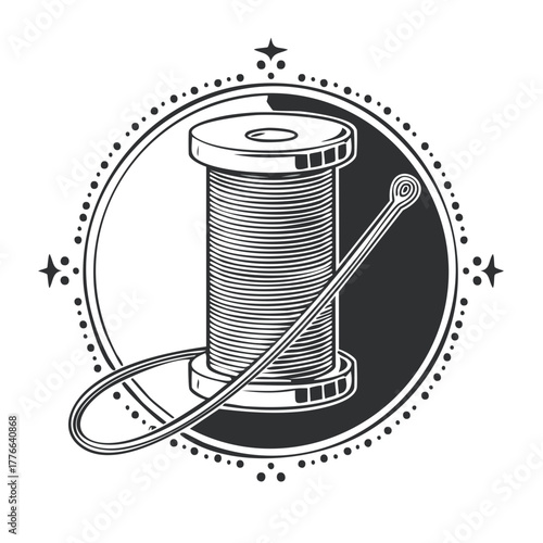 Vintage engraving style emblem of a spool of thread and needle threader in a circular frame