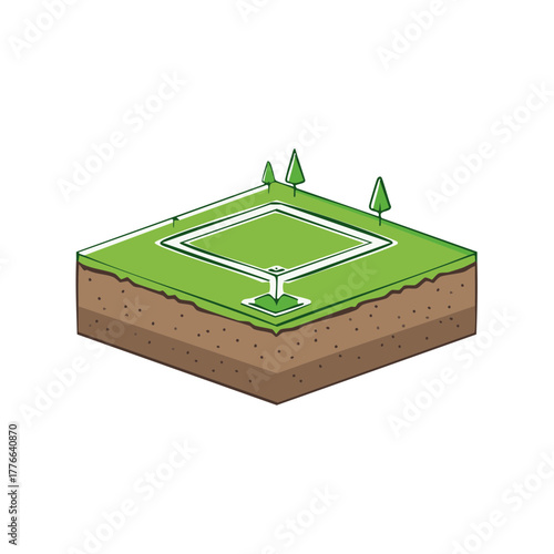 Isometric baseball field cutaway with green grass, soil layers, and trees