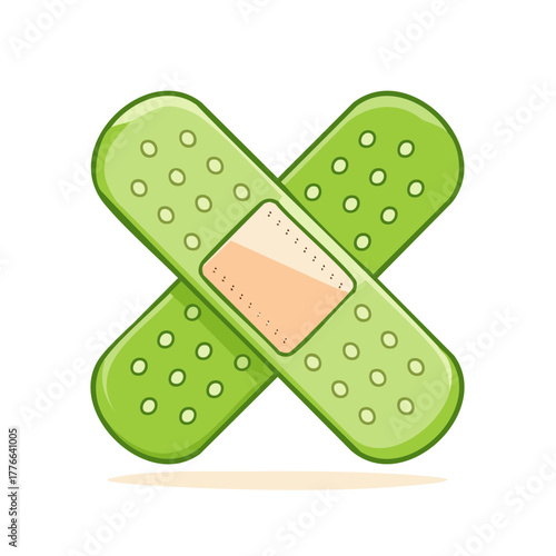 Crossed green adhesive bandages cartoon illustration for first aid and healthcare