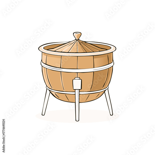Cartoon illustration of a wooden barrel with a lid sitting on a three legged stand