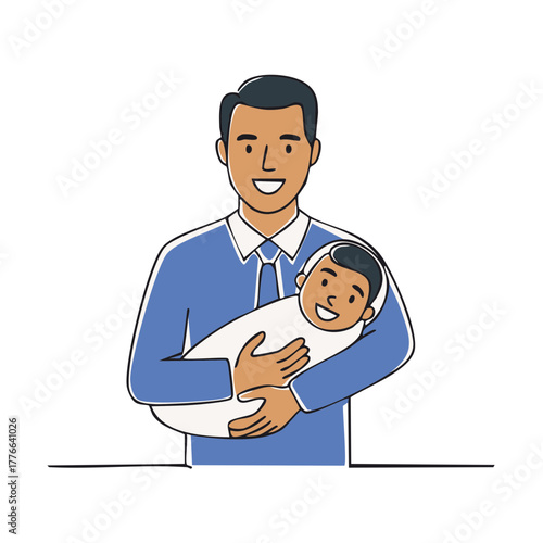Smiling father cradles happy baby in his arms, illustration