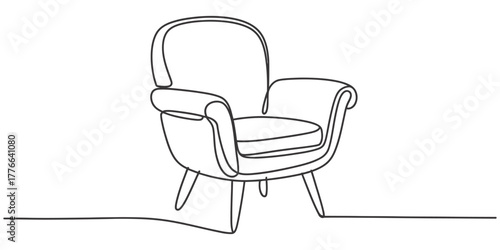 Continuous line drawing of a comfortable armchair, a minimalist furniture piece perfect for modern home interiors and contemporary living spaces, providing sleek design and relaxation.
