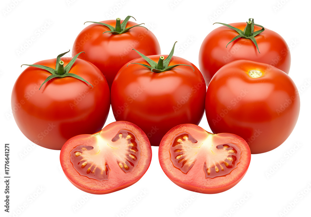 Fototapeta premium Fresh ripe tomatoes, one sliced, ready for cooking